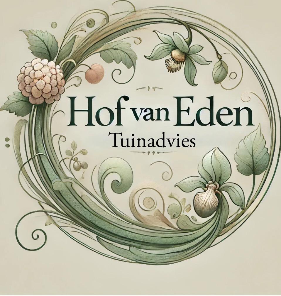 Hof van Eden logo met decoratieve groene bladeren en bloemen